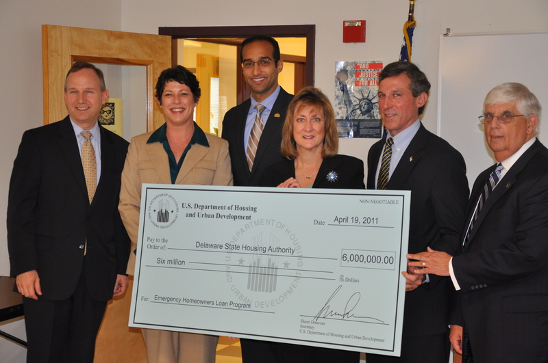 Delaware State Housing Authority has received $6 million from the U.S. Department of Housing & Urban Development to assist homeowners who are behind in their mortgage due to unemployment, underemployment, injury or illness. Shown during a recent press conference announcing the funding are (l-r) Gov. Jack Markell; Lori James, Kent County director for Sen. Tom Carper; Anas Ben Addi, director of the Delaware State Housing Authority; Jane Vincent, regional director of the U.S. Department of Housing & Urban Development; Congressman John Carney; and Secretary John McMahon of the Delaware Department of Labor. SOURCE SUBMITTED